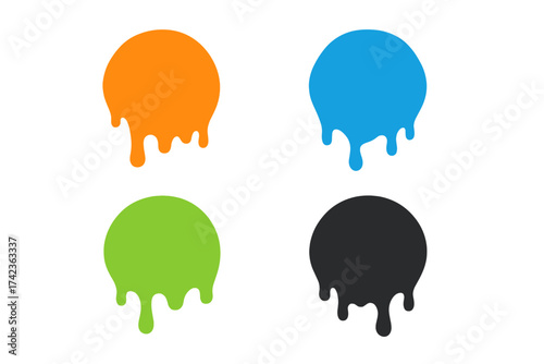Dripping paint circle set. Liquid drop melt icon collection. Colorful slime blobs. Current liquid stains. Abstract splash shapes. Modern flat vector graphic elements for design.