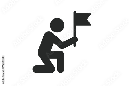 Person kneeling with flag vector icon. Concepts of surrender, defeat, failure, and giving up. Also represents achieving a goal, success, milestone, or reaching a destination.