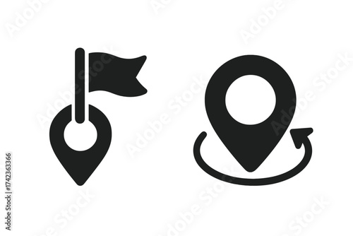 Location pin icon set. Map pointer with flag for destination and goal. GPS navigator symbol with refresh arrow for route update, return trip or reset. Vector glyph pictogram.