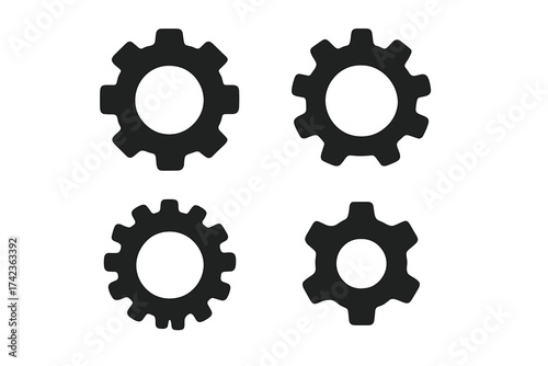 Gear icon set. Cogwheel vector collection. Flat simple black silhouette. Settings, options, configuration symbol. Mechanical, industrial, engineering, progress, process sign.