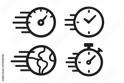 Speed and time icon set. Fast clock, quick stopwatch, rapid speedometer. Express delivery, deadline pressure, efficiency boost concept. High performance vector symbol collection.