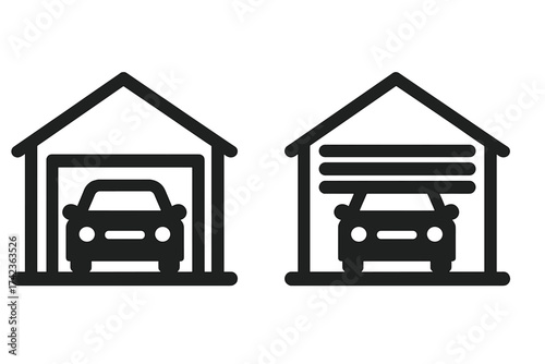 Car garage icon set. Open and closing roller shutter door. Vehicle parking and automobile storage symbol. Home residence pictogram. Private property security gate concept.