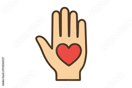 Palm hand with a heart icon. Symbol of benevolence, voluntary, kindness, helpful. Vector for charity, donation, love, support, health care. Philanthropy and social work.