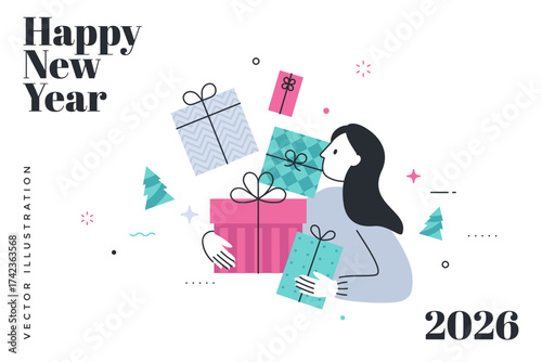 Happy New Year 2026 postcard with woman holding gift boxes. Celebration of winter holidays and festive season. Minimalist flat thin line style vector illustration for web design and print templates.