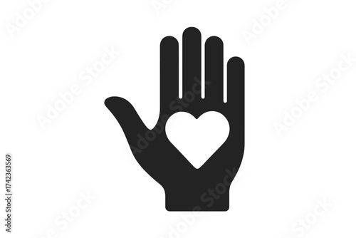Hand with heart icon. A vector symbol of love, charity, and care. Graphic for concepts of donation, volunteering, kindness, help, support, community, compassion, and hope.