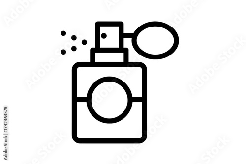 Perfume icon vector line art. Fragrance bottle with classic spray pump atomizer. Beauty and cosmetics graphic symbol. Cologne scent splash. Isolated outline pictogram design.