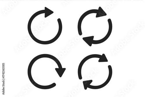 Rotation spin arrow icon set vector illustration. Circular reload, refresh, repeat button symbol. UI UX web design element. Isolated graphic. Update, recycle, loop concept.
