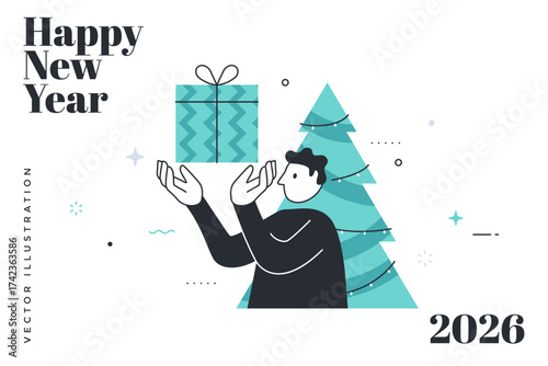 Man holding New Year gift box with decorated winter tree and 2026 text. Festive greeting card design. Minimalist flat line style illustration.