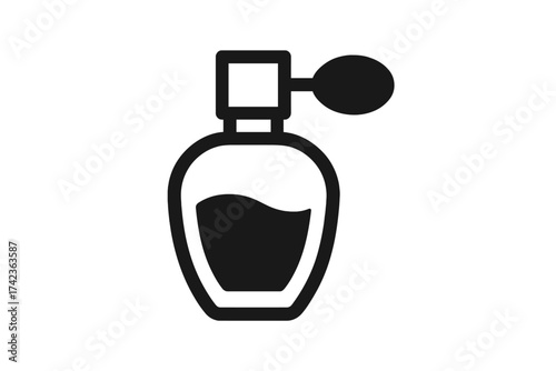 Perfume bottle icon with vintage atomizer spray. Fragrance symbol for beauty and makeup. Cosmetic glamour silhouette. Luxury scent and aroma concept vector illustration.
