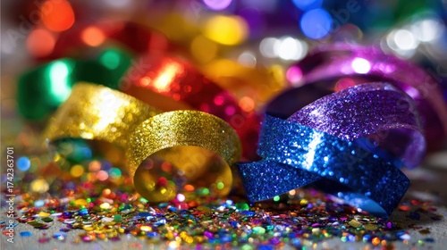 Colorful party streamers and glitter decorations on a festive background
