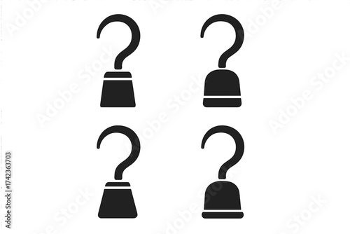 Pirate hook icon set. Hand prosthesis symbol. Captain arm sign. Amputee equipment. Marine corsair element for logo. Simple black silhouette vector illustration collection.