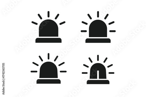 Siren light symbol, emergency alert icon set. Vector illustration. Police, ambulance, or fire department flasher beacon. Alarm signal, attention warning graphic element collection.