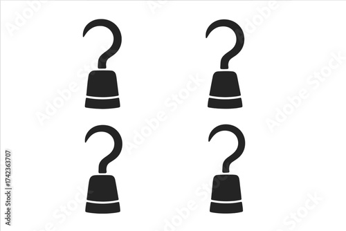 Pirate hook arm icon set. Hand prosthesis symbol for amputee or disability concept. Vector illustration for a villain costume accessory. Artificial limb, nautical character element.