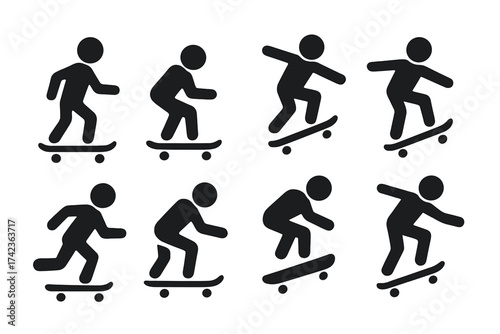Skateboarder icon set. Man on skateboard silhouette collection. Person doing tricks, riding and jumping. Active sport, recreation and urban lifestyle concept. Vector pictogram.