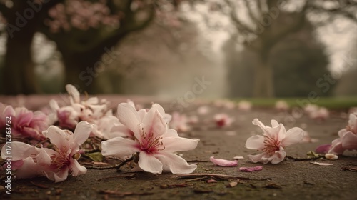 Scattered blossoms on pathway surrounded by trees in soft natural light