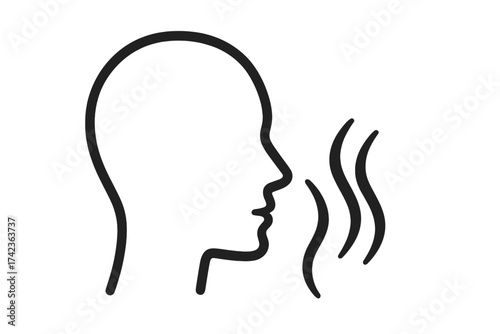 Smelling icon vector illustration. Olfaction symbol. Sense of smell concept. Human head profile smelling an odor or aroma. Nose breathing air. Olfactory perception graphic.