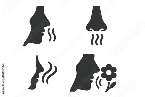 Smelling icon vector illustration set. Olfaction symbol collection. Sense of smell concept. Human nose breathing in fragrance, scent, aroma, odor. Person smells a flower.