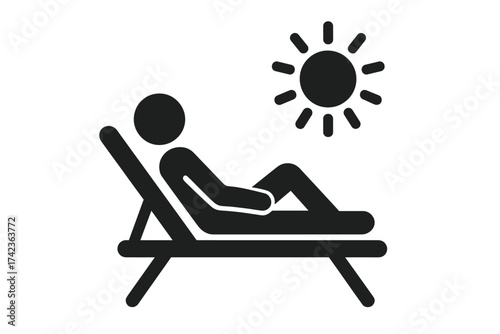 Sunbathing relaxation icon vector. Person on beach chair sunbathing. Summer vacation holiday concept. Man relaxing on deck chair. Sunbathe symbol for travel and leisure.