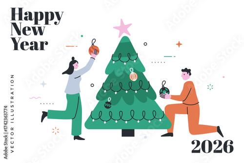 Vector illustration for Happy New Year 2026 postcard with a woman and man decorating a Christmas tree. Festive winter holiday celebration for web design and print templates.