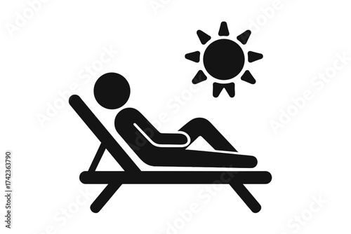 Sunbathing person on a deck chair icon. Vector illustration for summer vacation and holiday concepts. Man relaxing on a lounge chair under the sun. Leisure and travel symbol.