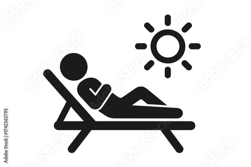 Sunbathing relaxation icon on a beach deck chair. Summer vacation, holiday and travel concept vector. Person sun tanning on a sun lounger. Leisure, rest and tourism symbol.