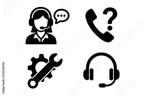 Customer support and service icon set. Vector collection for call center, helpdesk, and hotline. Includes operator, technical help, phone query, and communication symbols.