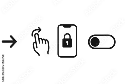 Swipe right icon set for mobile app interface. Finger slide gesture to unlock phone screen action. Toggle switch on and off button. Vector line symbol collection for UI UX.