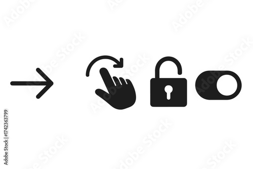 Swipe right vector icon set. Slide finger gesture to unlock phone. User interface action symbols with toggle switch for activation. UI and UX design and navigation concept.
