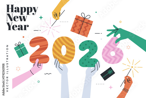 Vector illustration with hands holding numerical figures 2026, gift box, and sparkler. Happy New Year celebration postcard. Flat line modern design for web design and print template.