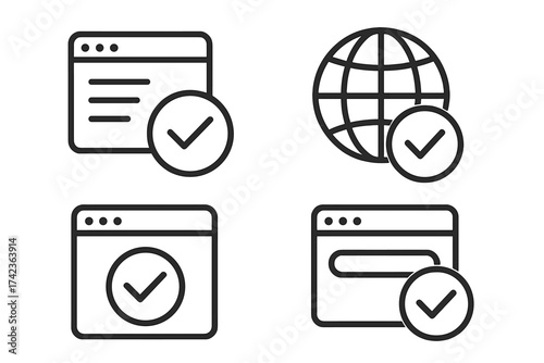 Website browser approved icon set for internet verification and security. Vector line art of checkmark, globe, and UI elements. Data validation and access granted concept.
