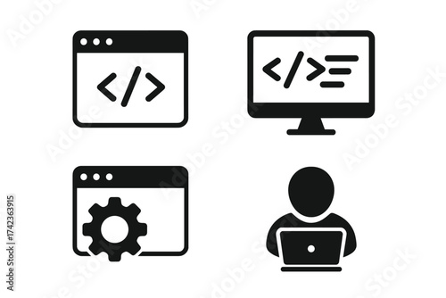 Web development icon set. Programming, coding, and software engineering vector symbols. Includes developer, code editor, and settings icons for app and website design.