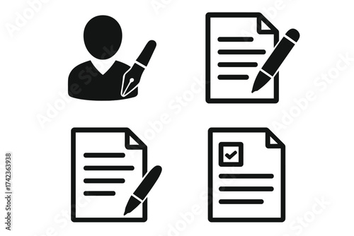 Writer icon set. Author, editor, signature concepts. Person signing contract. Document, form, essay, or agreement with pen. Approved checklist symbol. Vector glyph pictogram.