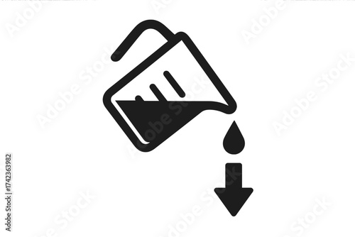 Pouring icon from measuring cup with download arrow. Vector symbol for dosage, recipe, or chemistry. Add ingredient concept. Liquid drop from beaker. Flat design pictogram.