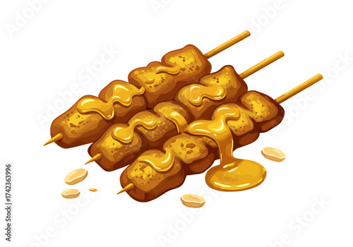 Three delicious skewers of grilled satay, generously drizzled with a rich golden peanut sauce, with scattered peanuts on a white background.