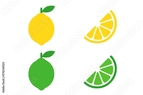Lemon and lime fruit icon set vector illustration. Yellow lemon and green lime symbol. Simple flat citrus slice graphic. Fresh food concept logo collection for design element.