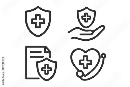 Medical healthcare insurance icon set. Health protection policy concept. Vector line symbols of shield, document, hand care, and heart with stethoscope for safety and support.
