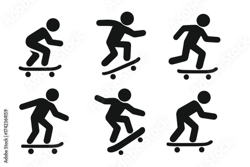 Silhouette skateboarder icon set with dynamic skateboarding poses, vector sport icons, black skateboarding figures, extreme sports symbols, active lifestyle, urban skate icons collection.