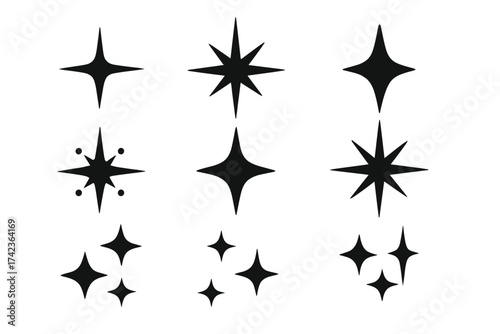 Set of vector stars and sparkles, shining twinkle effects, decorative starburst icons, firework flashes, sparkle lights, shiny twinkle stars, elegant vector illustration set.