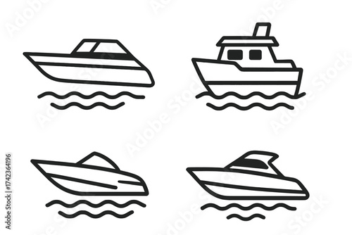 Boat icon set. Sea transportation vector line art. Speedboat, motorboat, ferry, and yacht symbols for travel and cruise concepts. Simple outline ship collection on waves.
