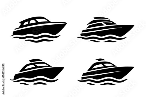 Speed boat icon set. Sea transportation vector illustration. Motorboat, ferry, cruise, and yacht sailing on ocean waves. Water transport graphic symbols collection.