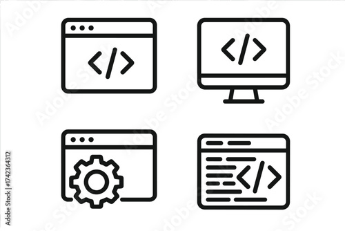 Web development coding icon set. Programming, software engineering and developer signs. Code, script, HTML symbols for website app UI UX design. Vector line illustration.