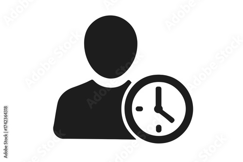 Time management icon with person and clock. User work duration, history, and schedule symbol. Metaphor for waiting, pending status, working hours, deadline, or employee time tracking.