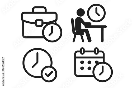 Working time icon set vector illustration. Job schedule symbol. Time management concept. Business hours, deadline, calendar appointment, and punctuality icons. Office work.