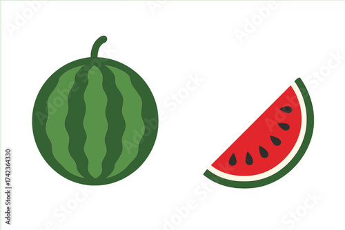 Watermelon vector icon set with whole fruit and slice. Juicy ripe summer food illustration. Healthy eating, diet symbol. Fresh melon graphic element isolated on background.