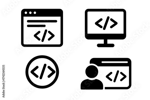 Web development icon set. Coding, programming, and software engineering symbols. Vector glyphs for programmer, developer, HTML, website, and app design. User interface code.