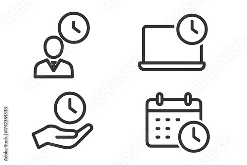 Time management icon set vector. Working hours, job schedule, deadline concept. Employee productivity and efficiency symbol. Calendar planning, appointment, and business icons.