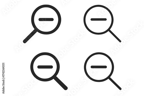 Zoom out icon set. Magnifying glass with minus symbol. Vector illustration for web design and user interface. UI UX graphic element. Search, find, and decrease button. Loupe pictogram.