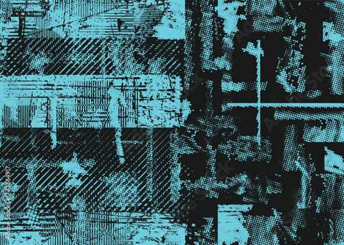 Glitch distorted geometric shape . Noise destroyed logo . Trendy cyber punk poster . Glitched frame .Grunge textured . Distressed effect .Vector shapes with a halftone dots screen print texture.