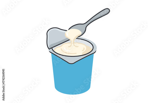 Illustration of a cup of yogurt with a spoon scooping some out.