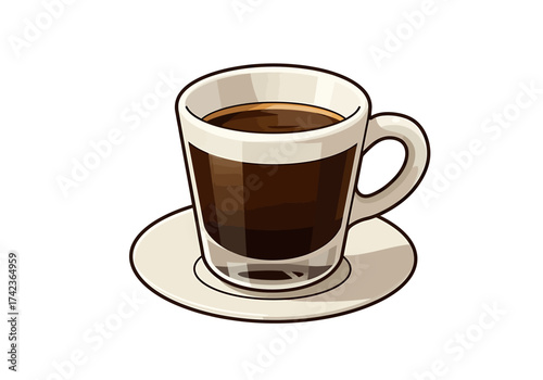 A detailed illustration of a small glass cup of espresso coffee on a saucer.